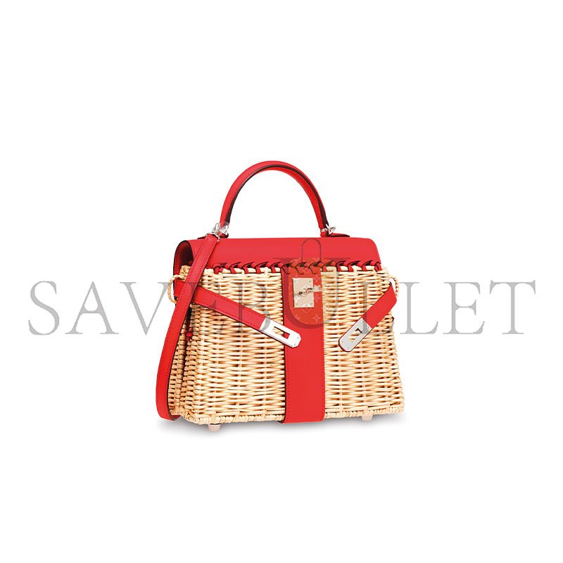 HERMÈS MASTER ROUGE DE COEUR SWIFT LEATHER & OSIER MINI PICNIC KELLY 20 WITH PALLADIUM HARDWARE (20*14*8cm) 